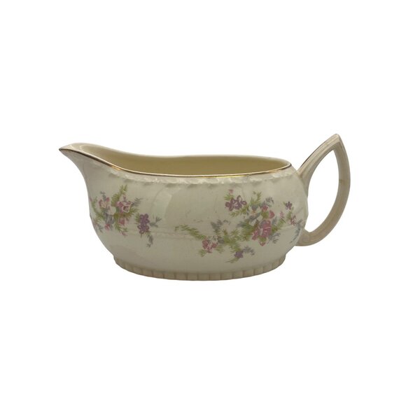 Vintage Crooksville Gravy Boat USA Floral Pattern Pink Purple Gold Trim - Picture 2 of 6